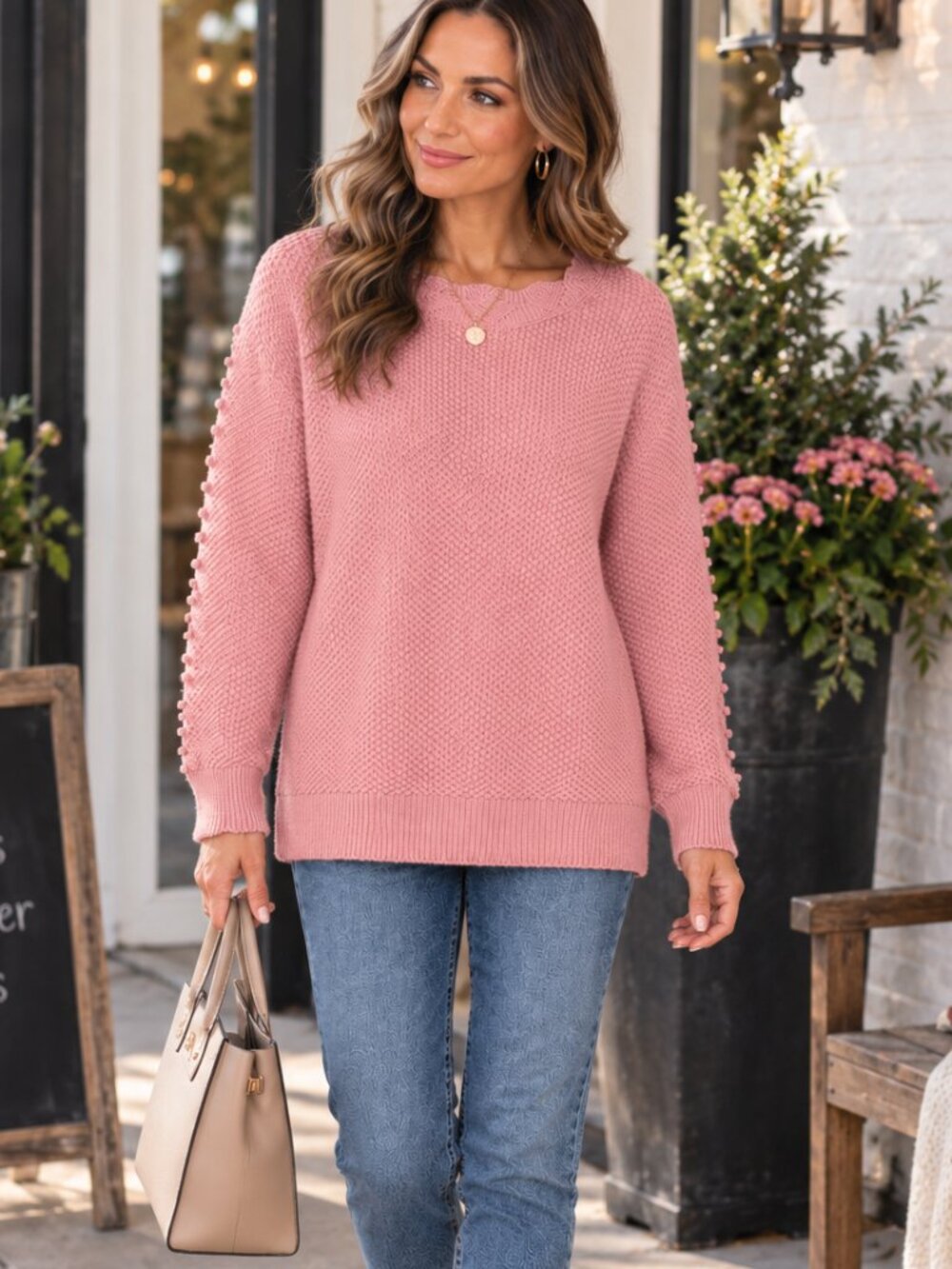 LOFT Light Pink Scalloped Bobble Sleeve Pullover Knit Tunic Sweater Coquette - L